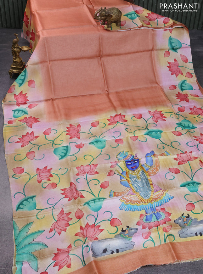 Pure tussar silk saree dark peach and sandal with plain body and pichwai hand painted pallu & border