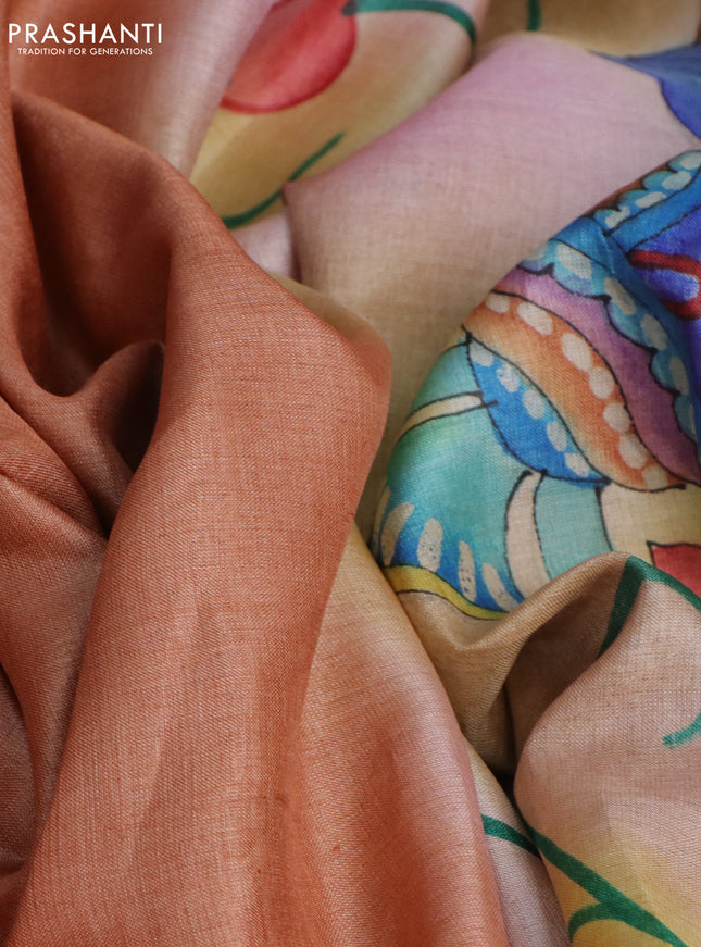 Pure tussar silk saree dark peach and sandal with plain body and pichwai hand painted pallu & border