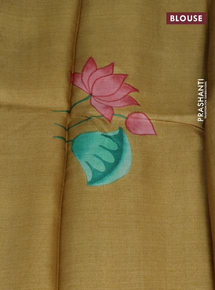 Pure tussar silk saree dark peach and sandal with plain body and pichwai hand painted pallu & border