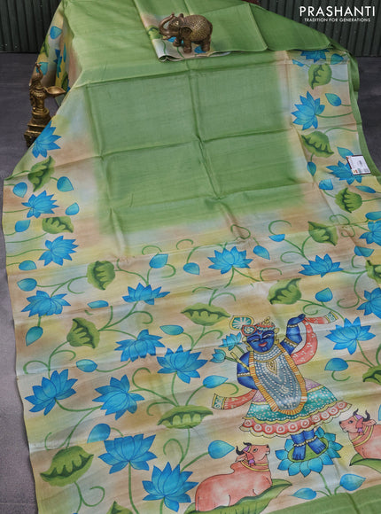 Pure tussar silk saree green and brown with plain body and pichwai hand painted pallu & border