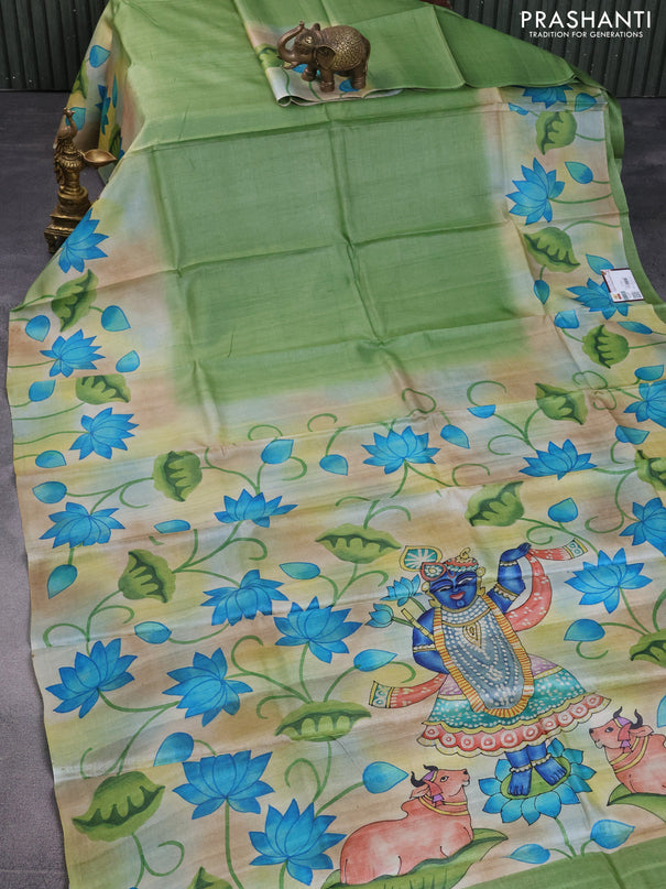Pure tussar silk saree green and brown with plain body and pichwai hand painted pallu & border