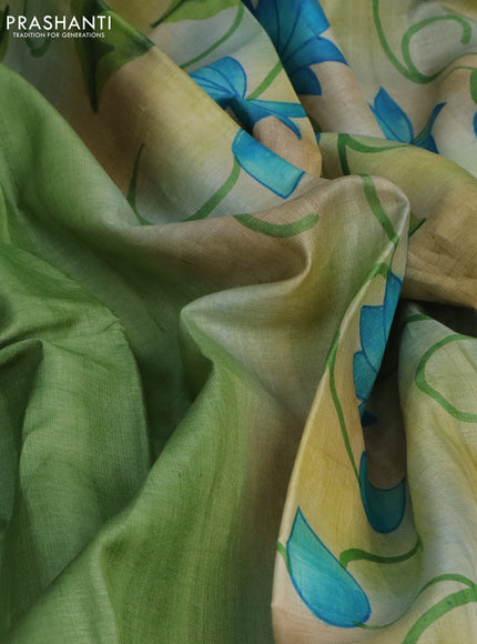 Pure tussar silk saree green and brown with plain body and pichwai hand painted pallu & border