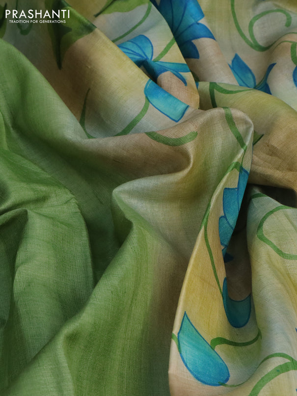 Pure tussar silk saree green and brown with plain body and pichwai hand painted pallu & border