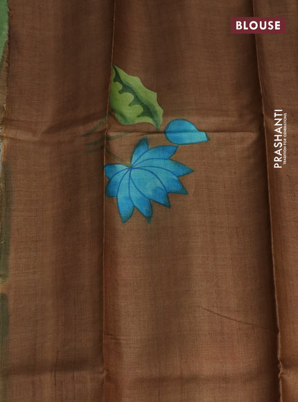 Pure tussar silk saree green and brown with plain body and pichwai hand painted pallu & border