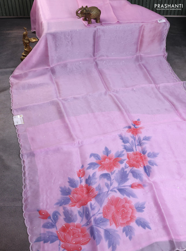Pure organza silk saree lotus pink with sequin buttas and beaded work border