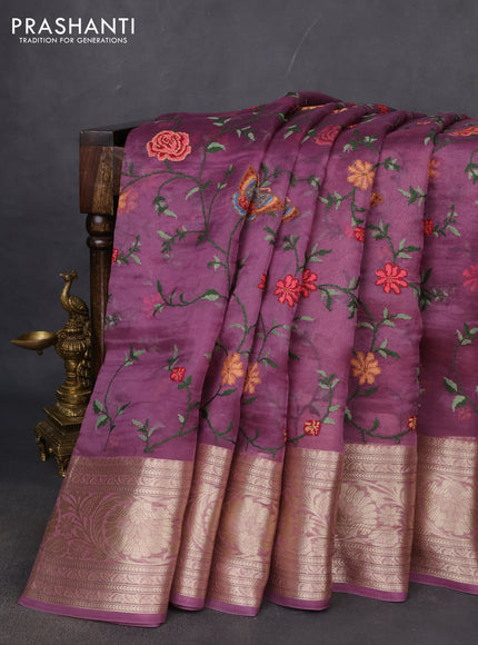 Pure organza silk saree wine shade with allover floral embroidery and long zari woven border