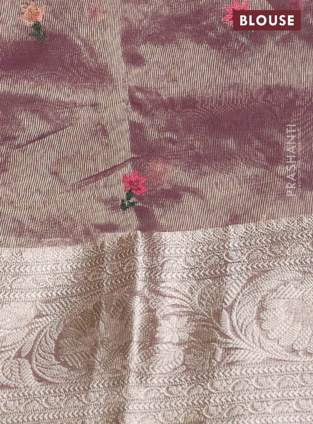 Pure organza silk saree wine shade with allover floral embroidery and long zari woven border