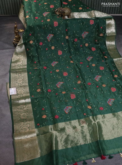 Pure organza silk saree green with allover floral embroidery and long zari woven border