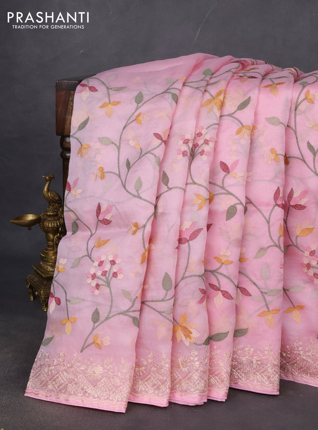 Pure organza silk saree light pink with allover embroidery and embroidery border