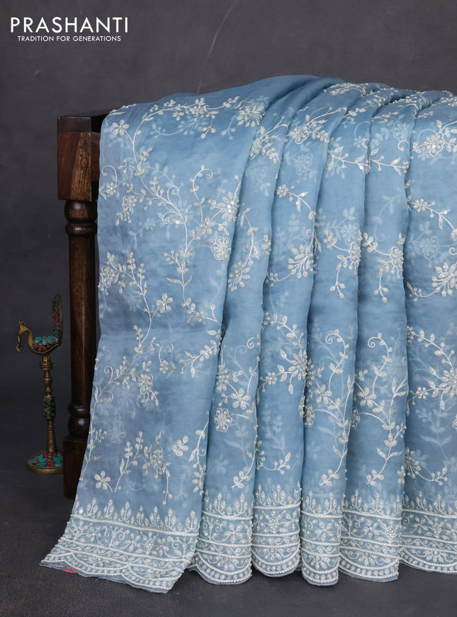 Pure organza silk saree pastel blue with allover embroidery & beaded work and embroidery border