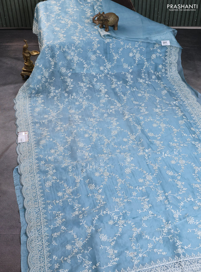 Pure organza silk saree pastel blue with allover embroidery & beaded work and embroidery border