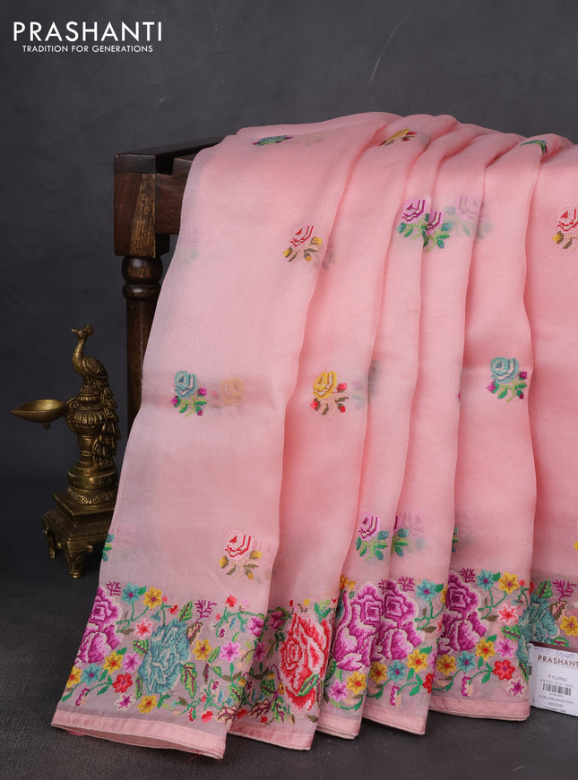 Pure organza silk saree peach pink with embroidery buttas and convent embroidery border