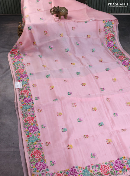 Pure organza silk saree peach pink with embroidery buttas and convent embroidery border
