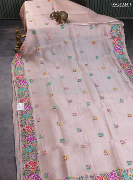 Pure organza silk saree beige with embroidery buttas and petite embroidery border