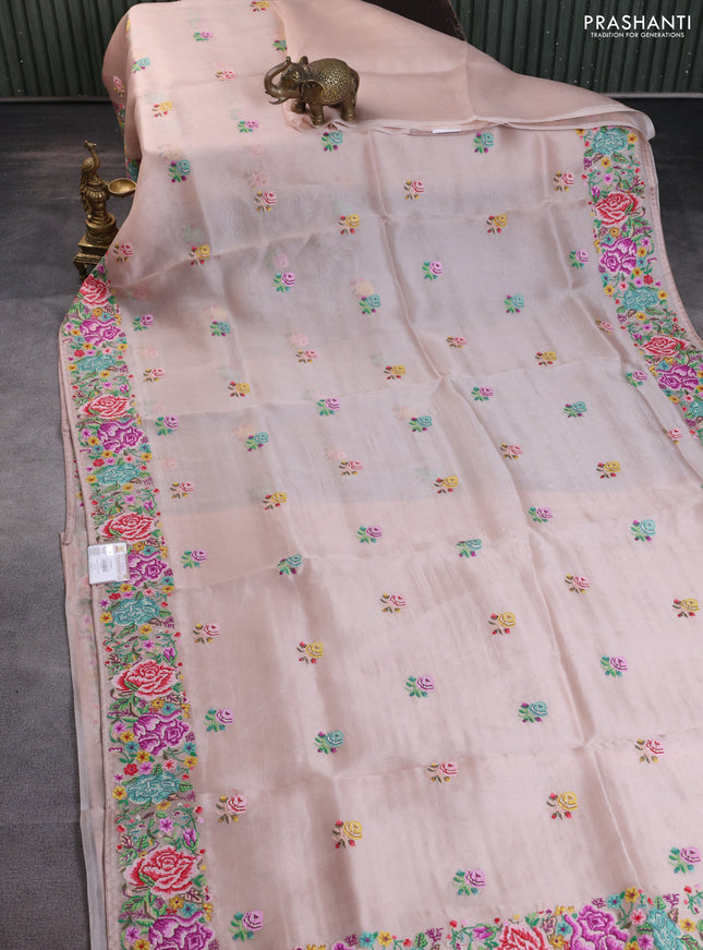 Pure organza silk saree beige with embroidery buttas and petite embroidery border