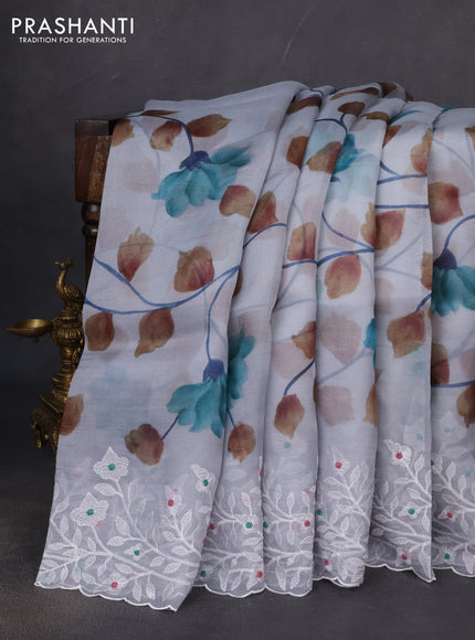 Pure organza silk saree greyish blue with allover floral hand painted prints and embroidery border