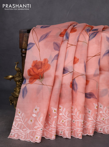 Pure organza silk saree peach shade with allover floral hand painted prints and embroidery border