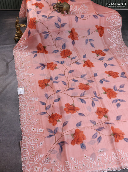 Pure organza silk saree peach shade with allover floral hand painted prints and embroidery border