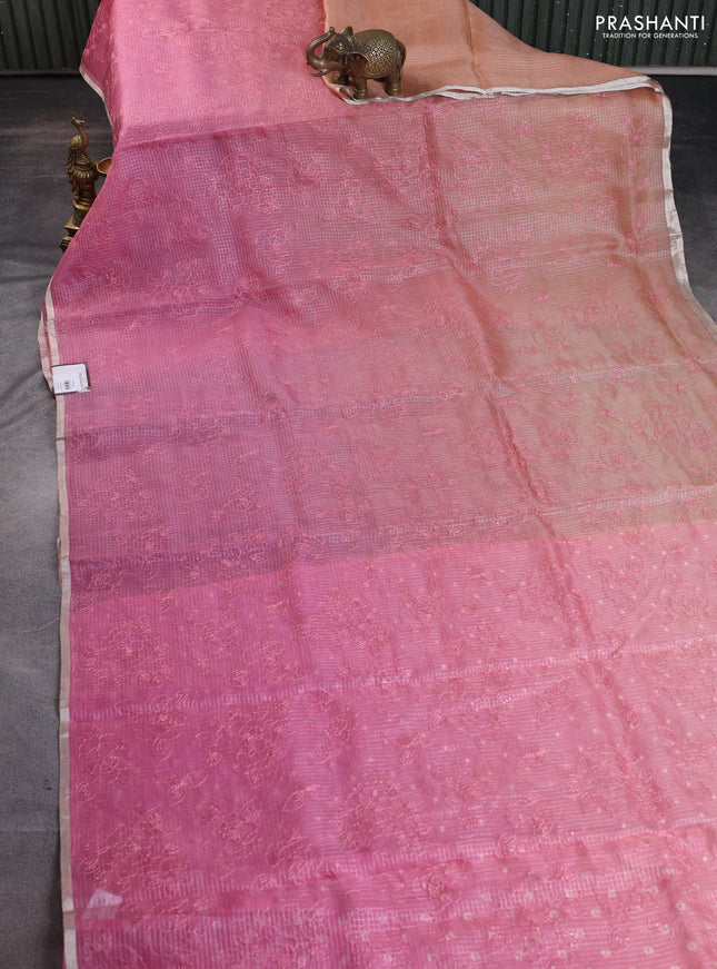 Organza silk saree peach orange and pink with allover zari checks & sequin embroidery and small zari woven border