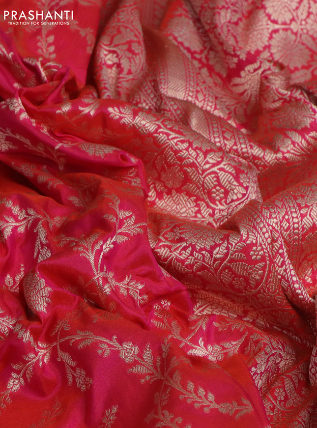 Pure banarasi uppada silk saree dual shade of pinkish orange with allover zari woven brocade weaves and zari woven border