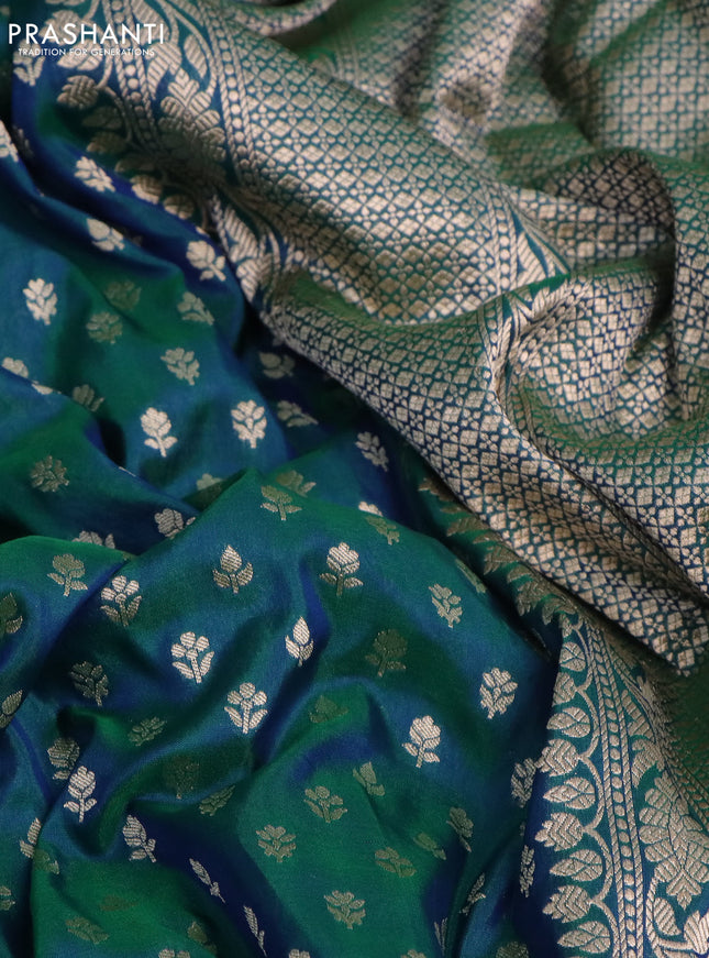 Pure banarasi uppada silk saree dual shade of bluish green with allover zari woven butta weaves and zari woven border