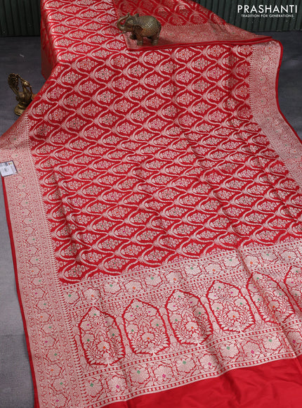 Pure banarasi uppada silk saree red with allover zari woven brocade weaves and zari woven border