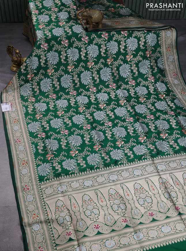 Pure banarasi uppada silk saree green with allover silver & gold zari weaves and zari woven border