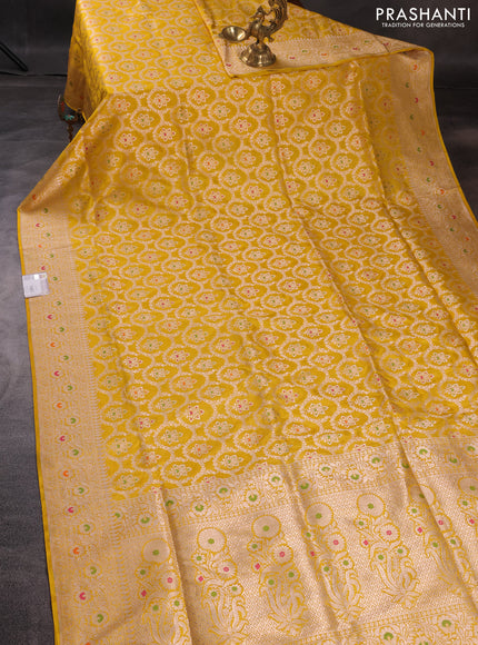 Pure banarasi uppada silk saree yellow with allover zari woven brocade weaves and zari woven border