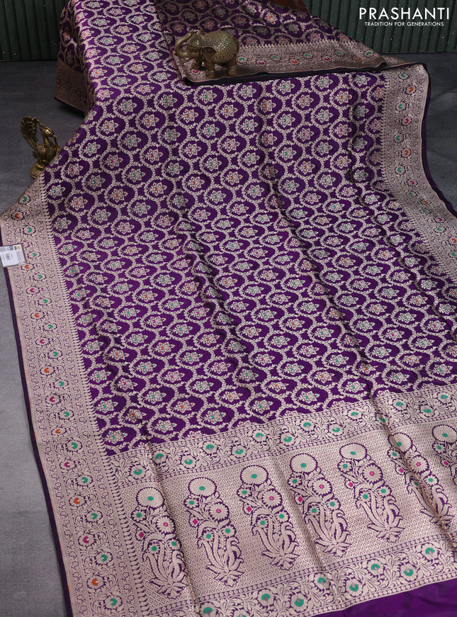 Pure banarasi uppada silk saree violet with allover zari woven brocade weaves and zari woven border