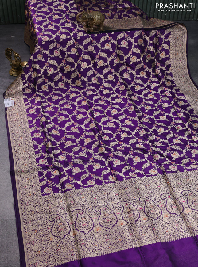 Pure banarasi uppada silk saree violet with allover zari woven brocade weaves and zari woven border
