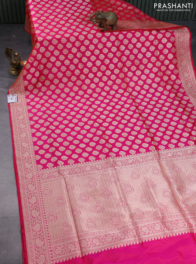 Pure banarasi uppada silk saree candy pink with allover zari woven butta weaves and zari woven border