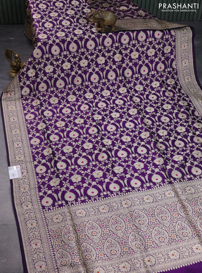 Pure banarasi uppada silk saree deep violet with allover floral zari weaves and zari woven border