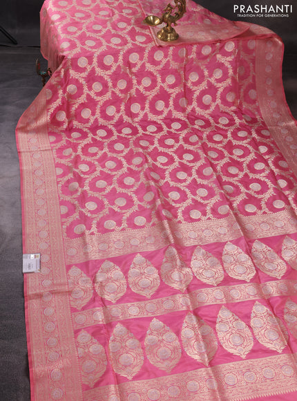 Pure banarasi uppada silk saree peach pink with allover silver & gold zari weaves and zari woven border