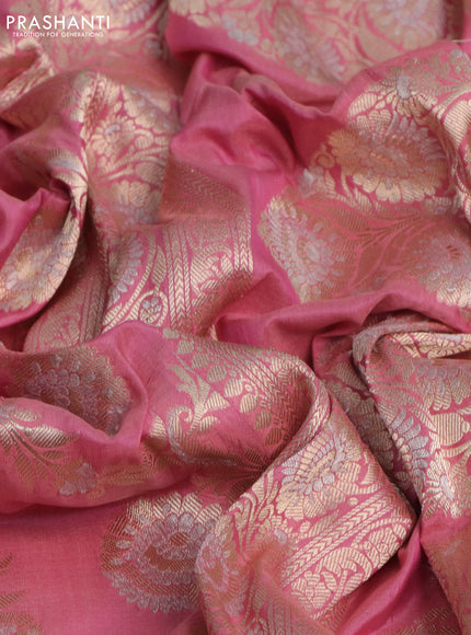 Pure banarasi uppada silk saree peach pink with allover silver & gold zari weaves and zari woven border