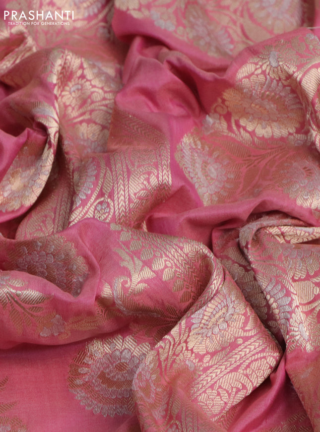 Pure banarasi uppada silk saree peach pink with allover silver & gold zari weaves and zari woven border