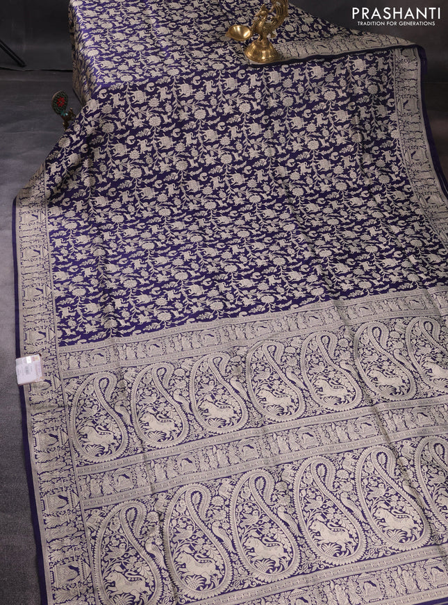 Pure banarasi uppada silk saree navy blue with allover vanasingaram weaves and woven border
