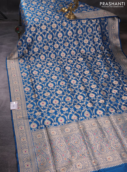 Pure banarasi uppada silk saree cs blue with allover zari woven brocade weaves and zari woven border