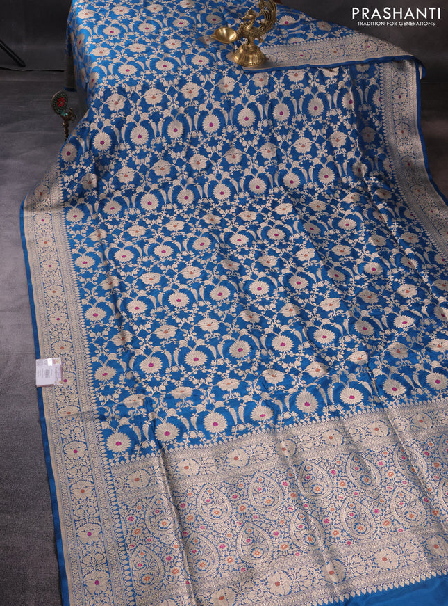 Pure banarasi uppada silk saree cs blue with allover zari woven brocade weaves and zari woven border
