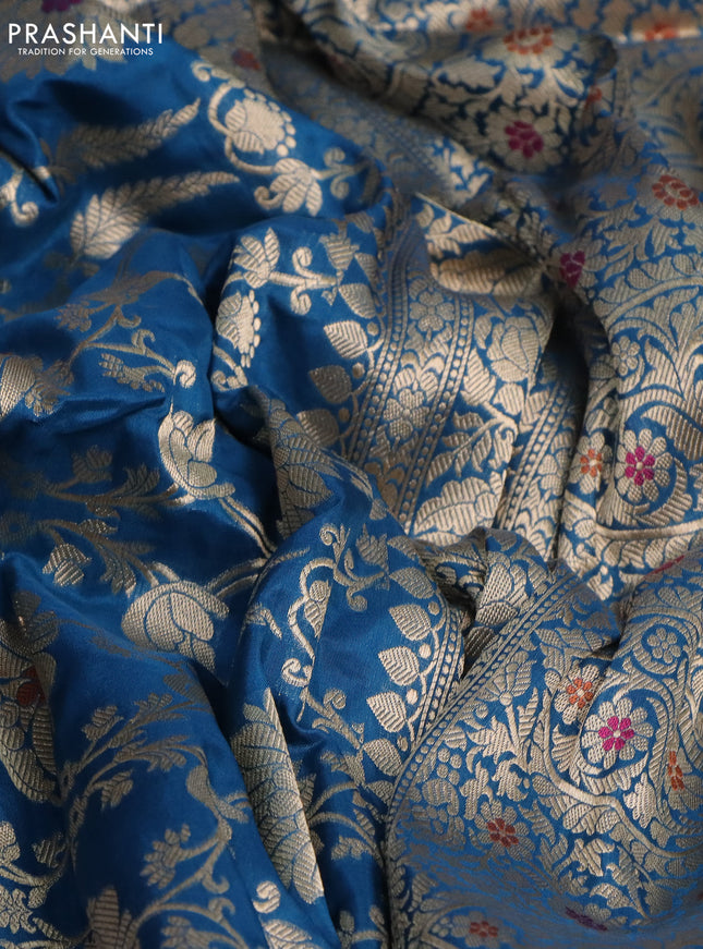Pure banarasi uppada silk saree cs blue with allover zari woven brocade weaves and zari woven border