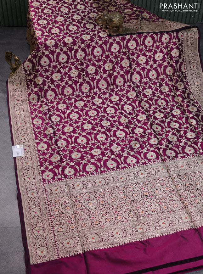 Pure banarasi uppada silk saree wine shade with allover zari woven brocade weaves and zari woven border