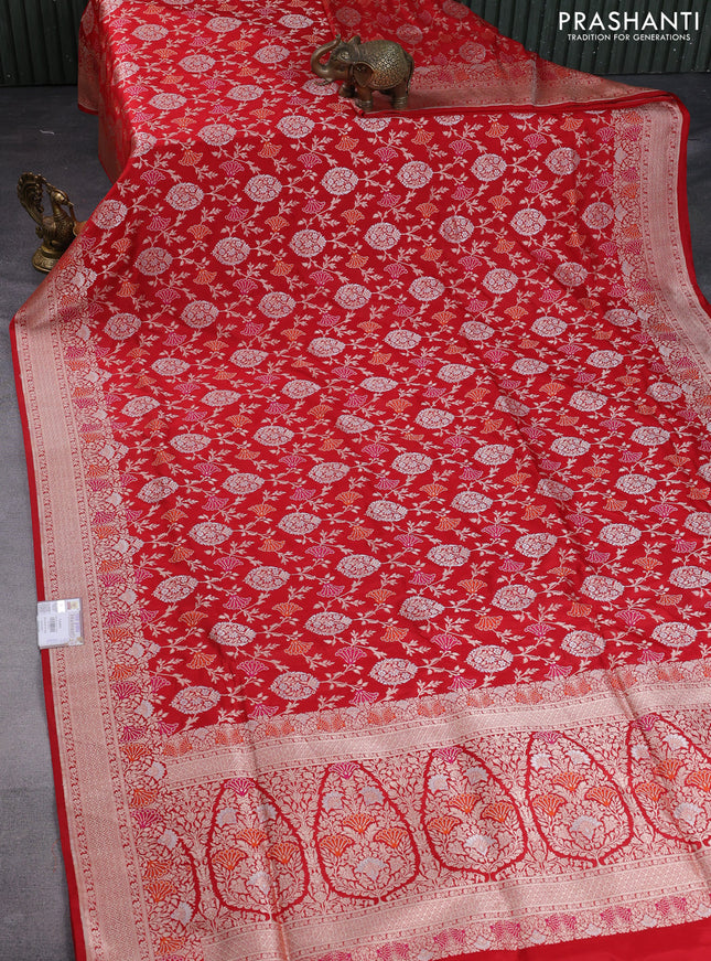 Pure banarasi uppada silk saree red with allover zari woven brocade weaves and zari woven border