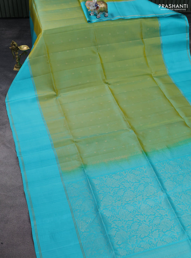 Pure soft silk saree light green and light blue with allover zari woven buttas and rettapet silver zari woven border