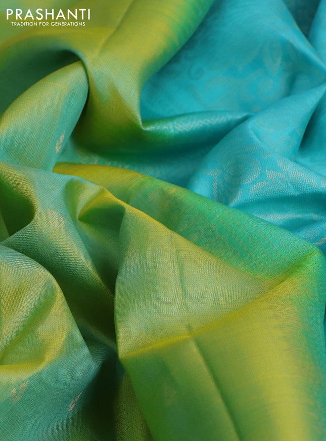 Pure soft silk saree light green and light blue with allover zari woven buttas and rettapet silver zari woven border