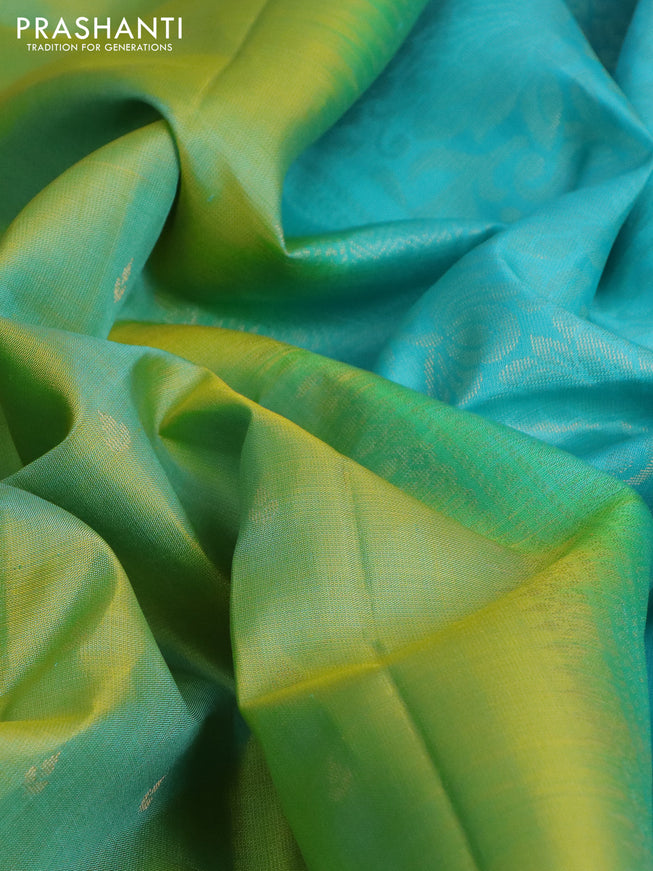 Pure soft silk saree light green and light blue with allover zari woven buttas and rettapet silver zari woven border