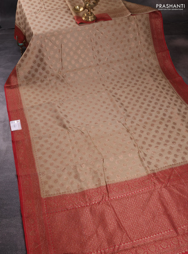 Banarasi tussar silk saree beige and rustic maroon with allover woven buttas and banarasi style border