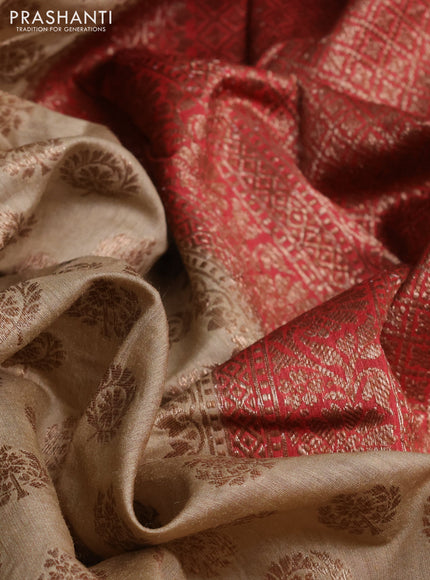 Banarasi tussar silk saree beige and rustic maroon with allover woven buttas and banarasi style border