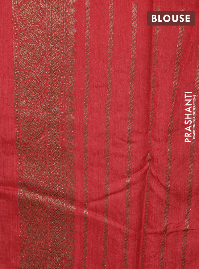 Banarasi tussar silk saree beige and rustic maroon with allover woven buttas and banarasi style border