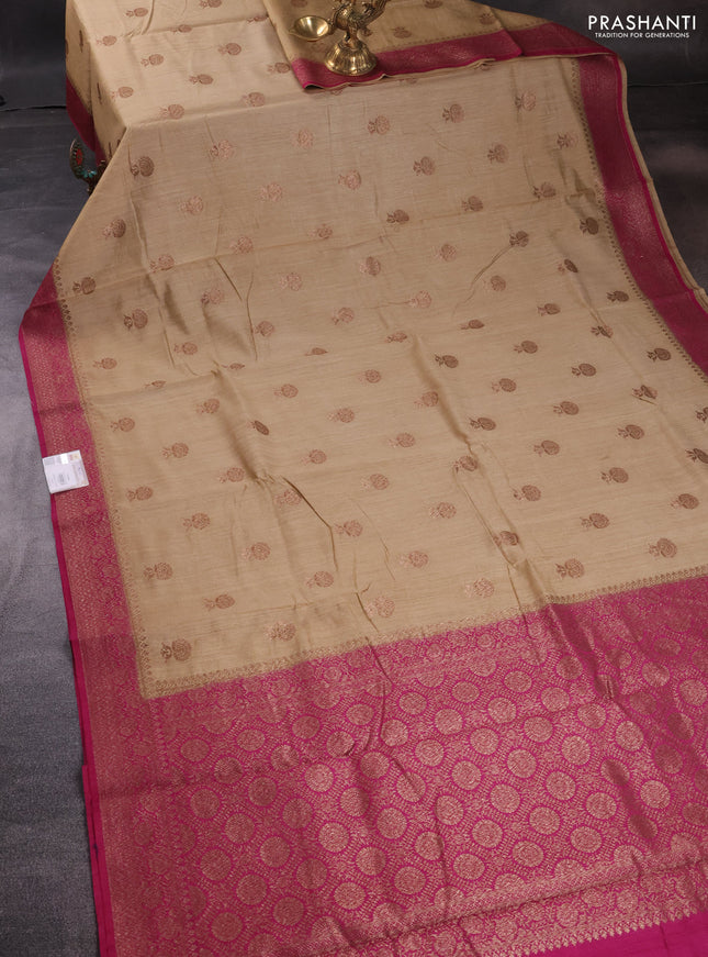 Banarasi tussar silk saree beige and pink with woven buttas and banarasi style border