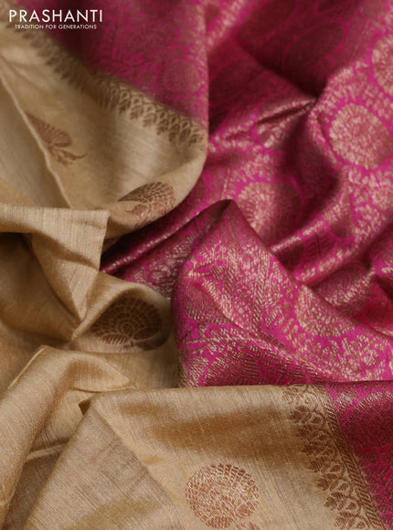 Banarasi tussar silk saree beige and pink with woven buttas and banarasi style border