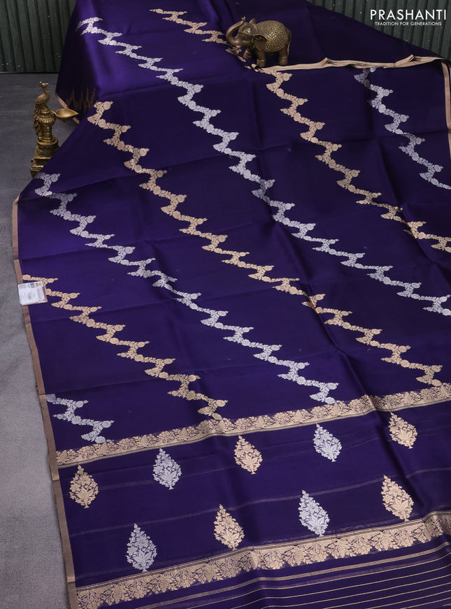 Banarasi organza silk saree dark blue with silver & gold zari weaves and zari woven piping border